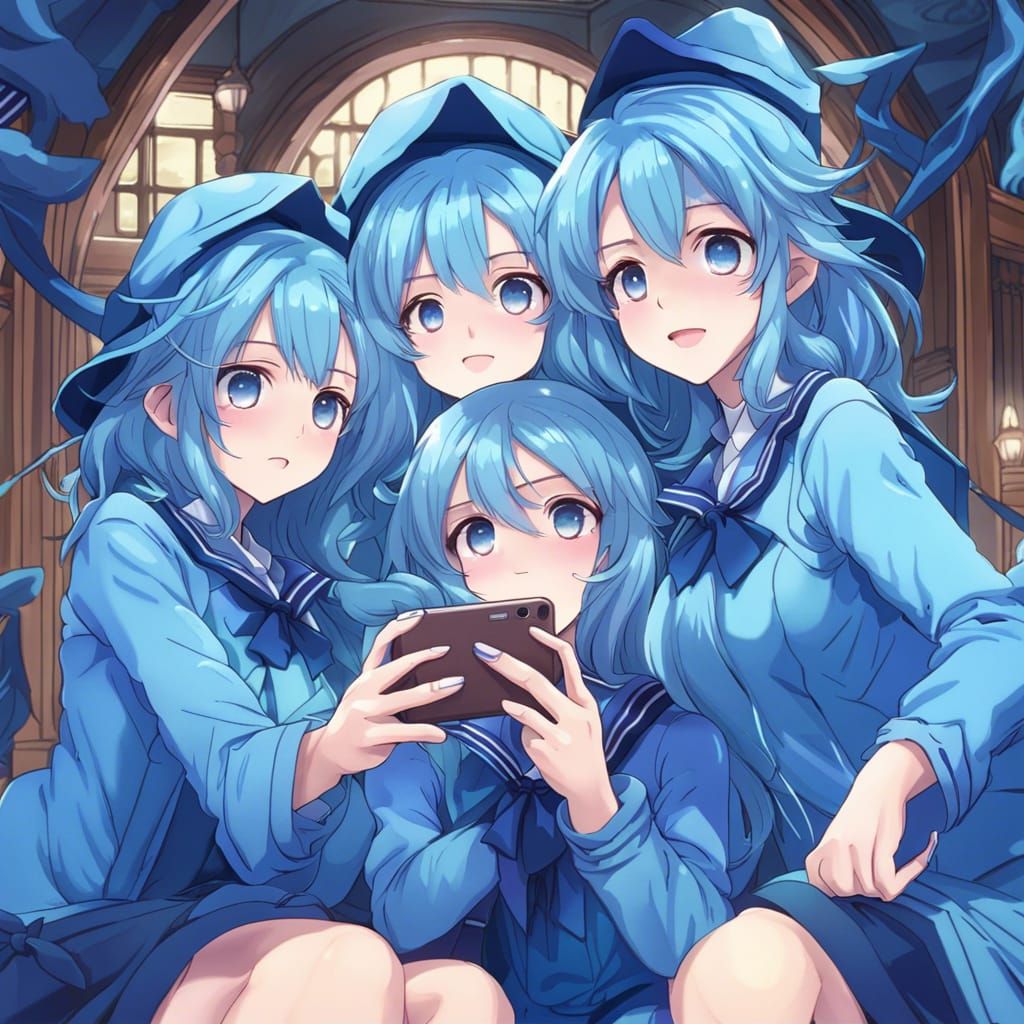 Blue Witches Selfie: Anime Style Digital Art