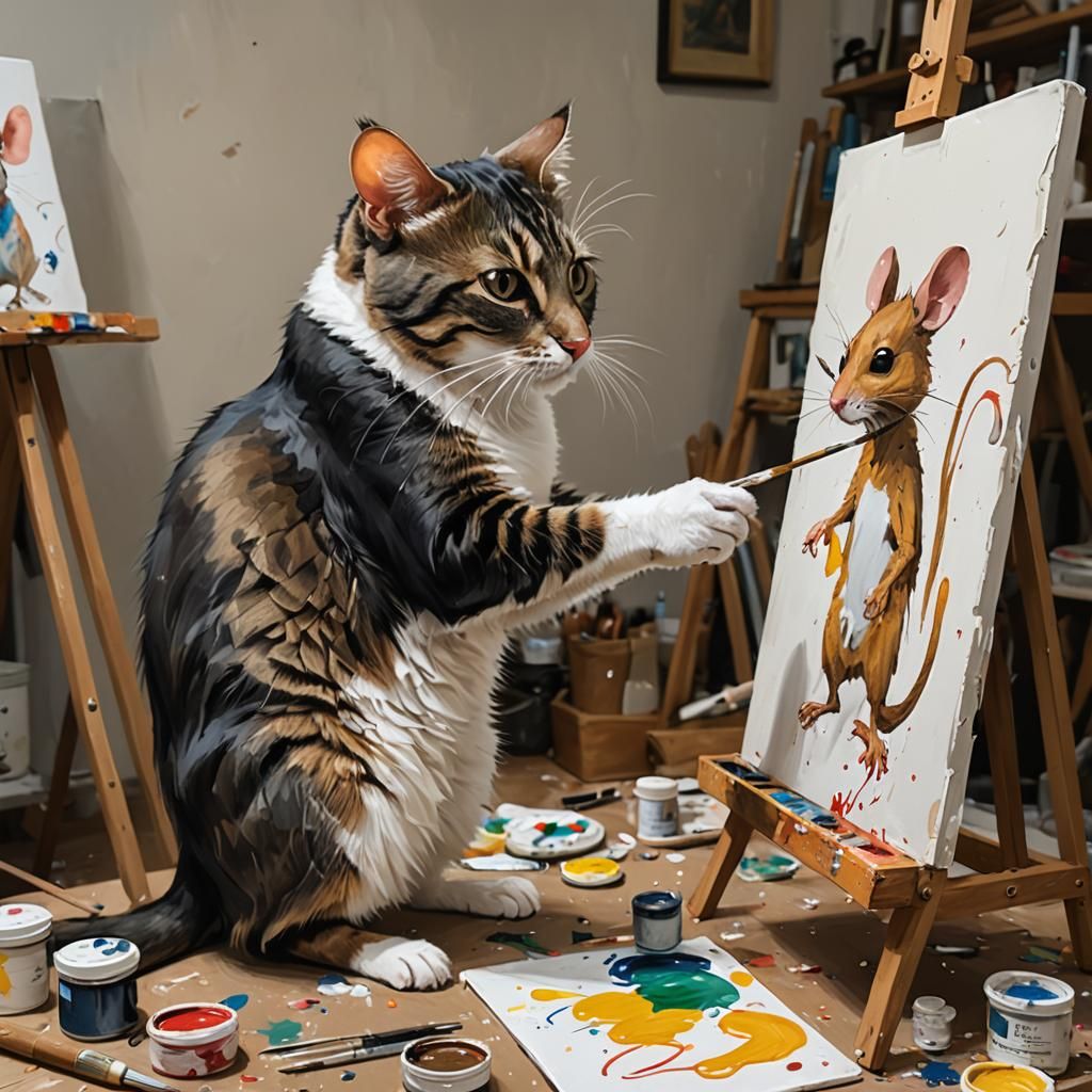 Artist Cat Painting Mouse as Oil Painting