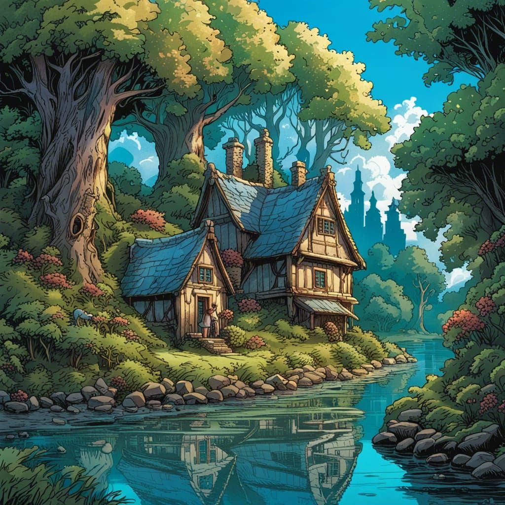 Cottagecore Riverside City in Fairycore Comic Art