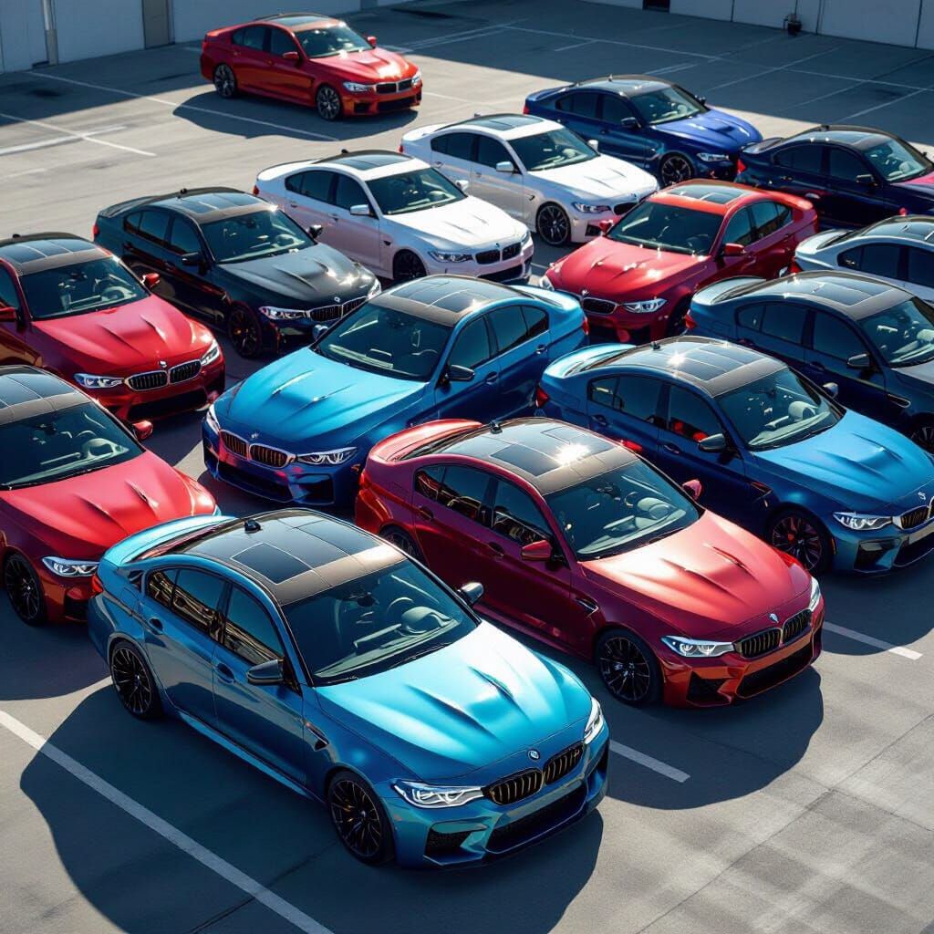 BMW M5 and M3 Cars in Futuristic Parking Lot
