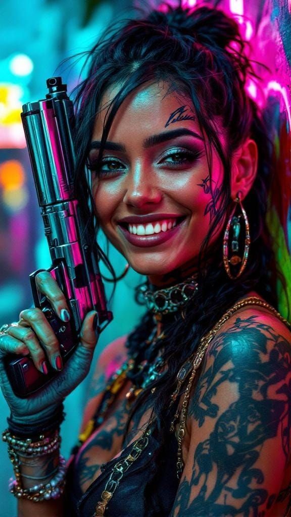 Chicana Street Artist with Pistol in Comic Book Style