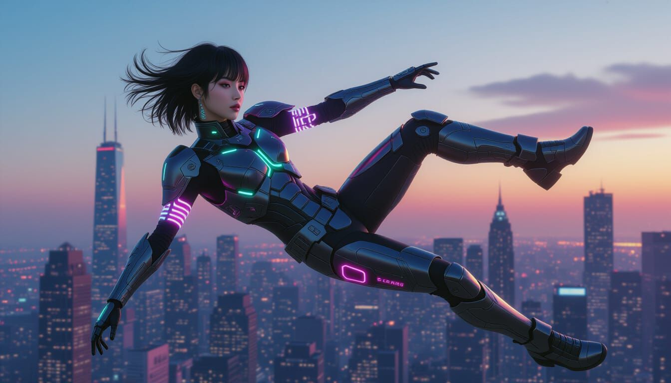 Futuristic K-Pop Idol in Dystopian Cityscape