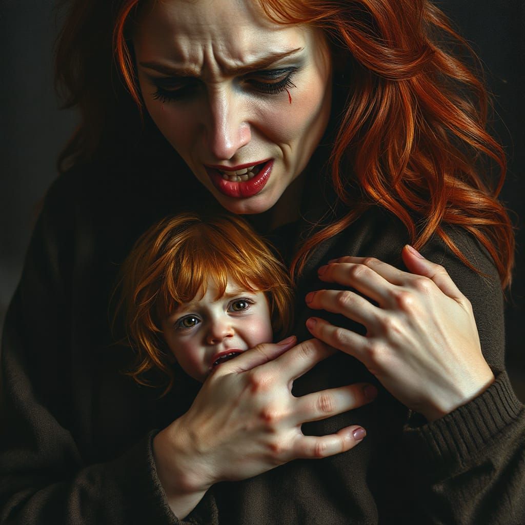 Mother's Desperate Embrace in Semi-Realistic Style
