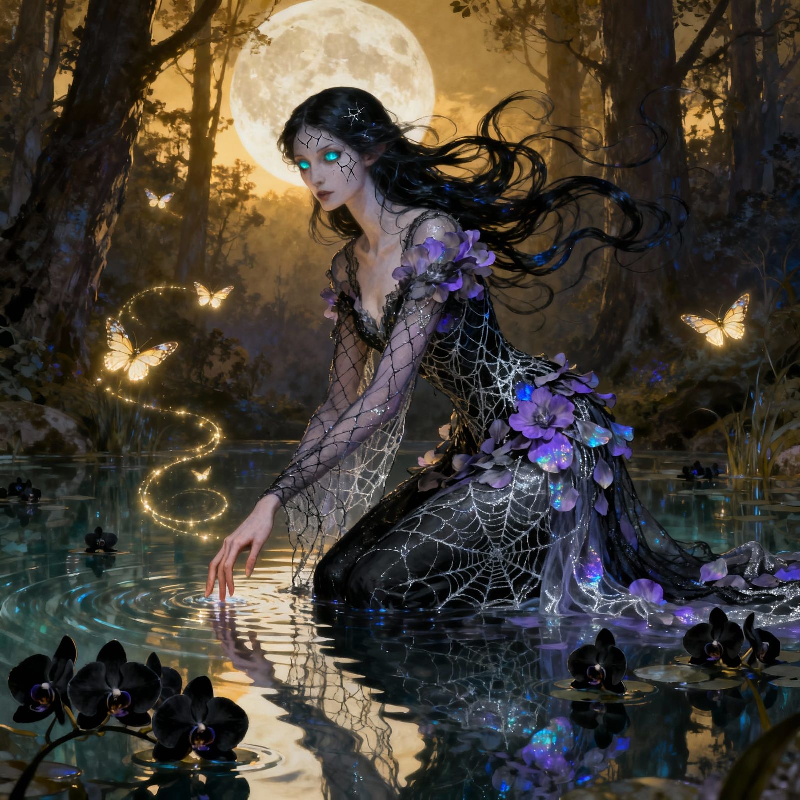 Sylthra Noctebloom Kneels in Moonlit Forest Pond