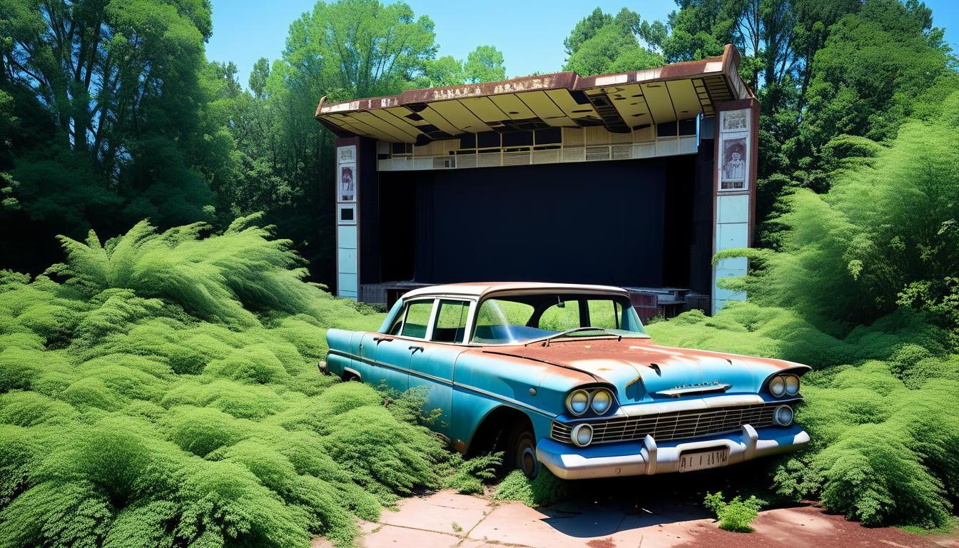 Abandoned Drive-In Cinema with Vintage Car