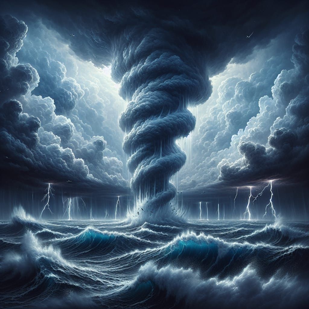 Tempestuous Waterspout Swirling in Stormy Seas