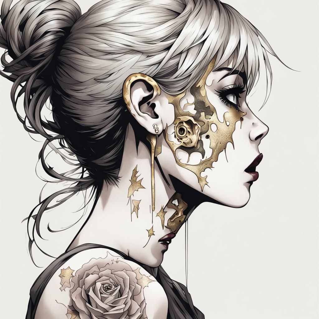 Horror Anime Tattoo Face in Gold