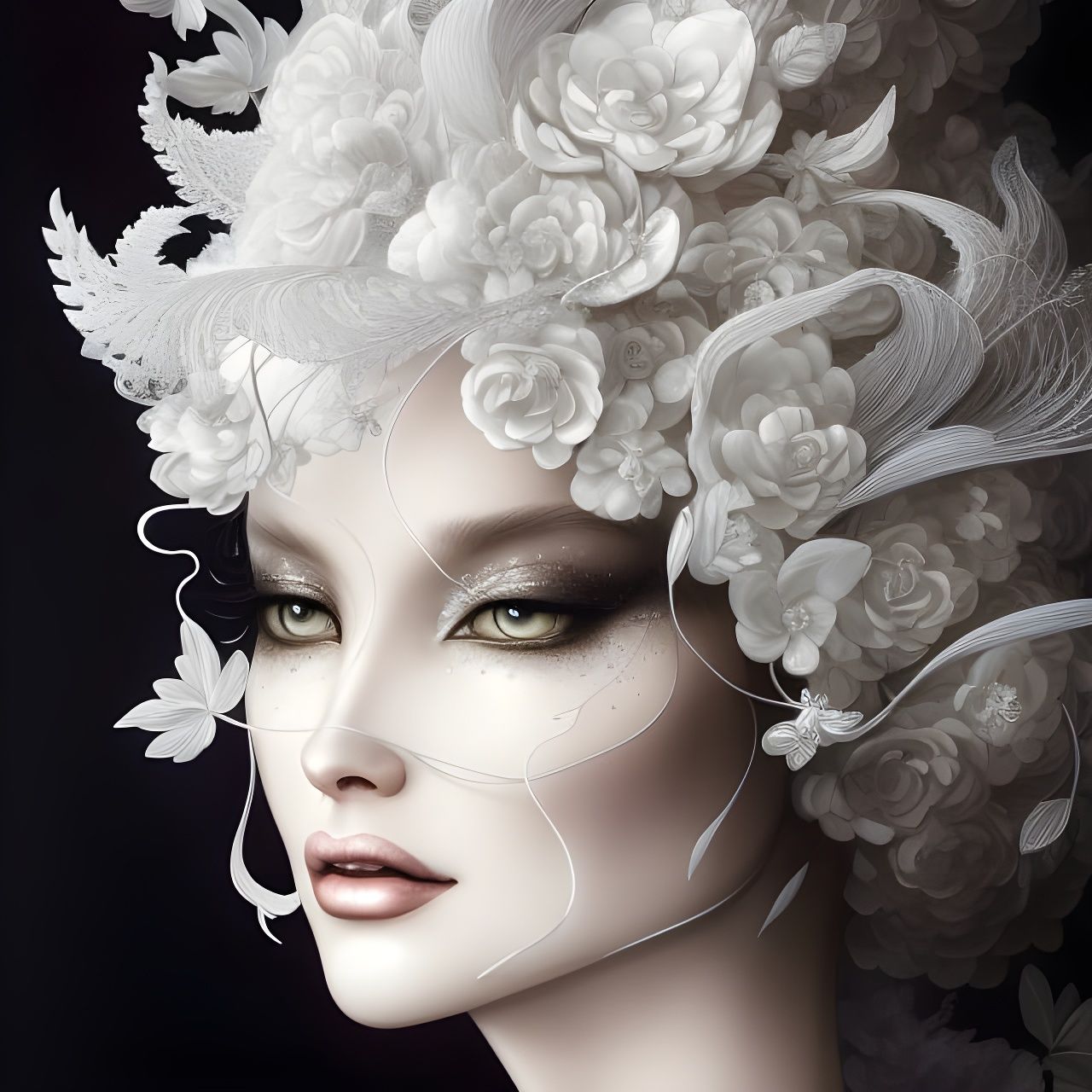 Elegant Woman Portrait with White Filigree