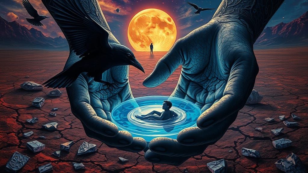 Surreal Soul Guided by Raven to Afterlife Oasis