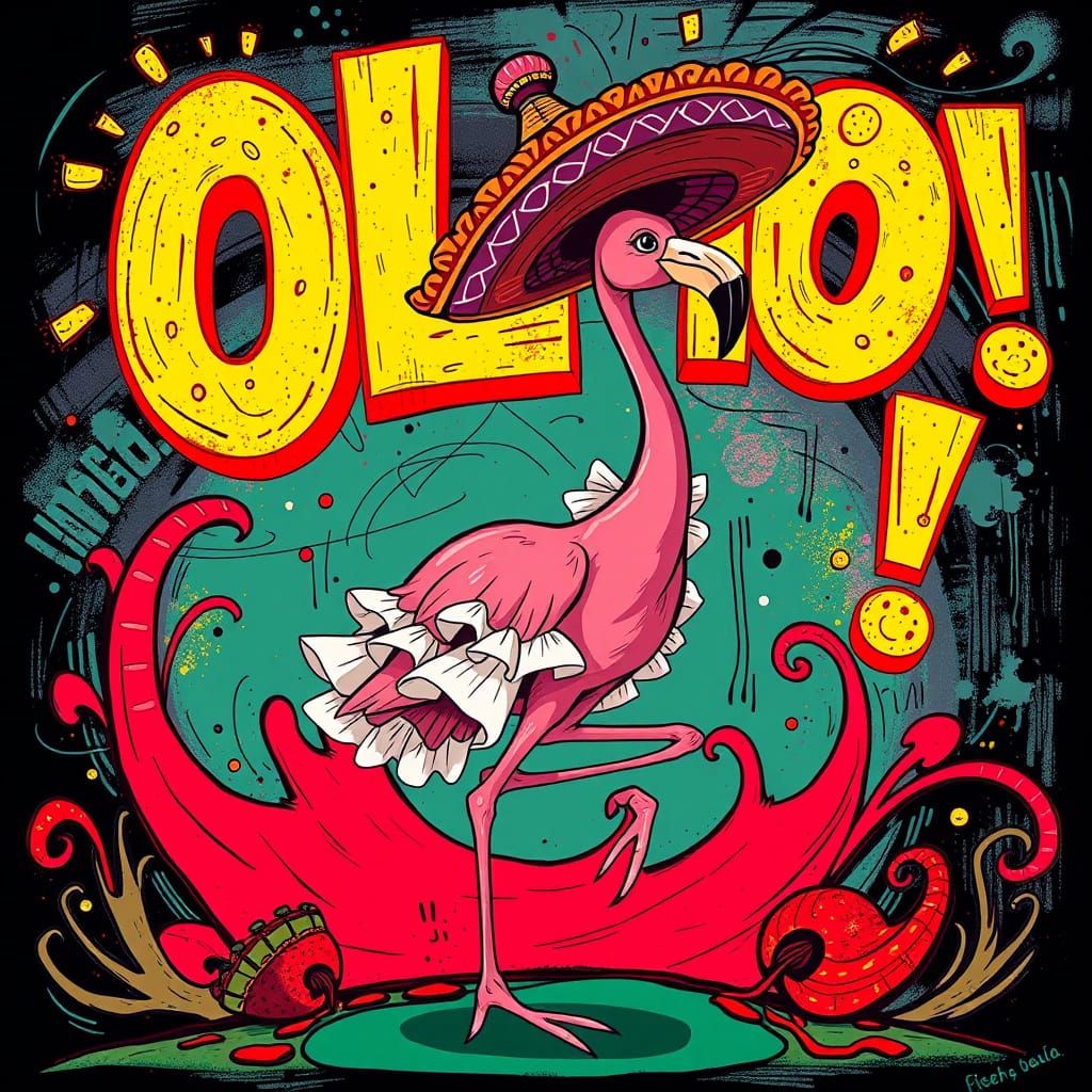 Flamenco Flamingo in Sombrero, Spanish Surrealism