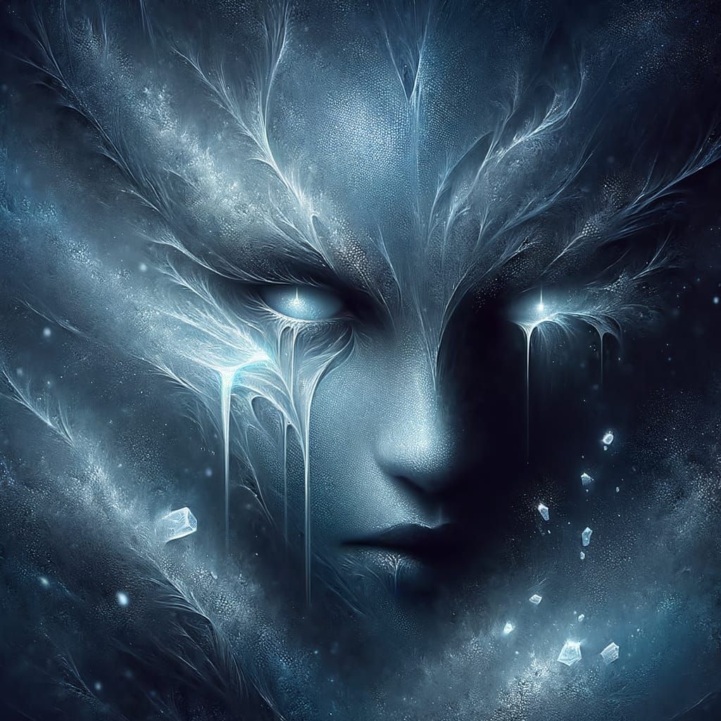 Surrealist Figure Emerges from Darkness in Frosty Mist