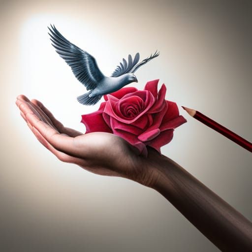 Hand Holding Rose and Dove in Hyperrealistic Style