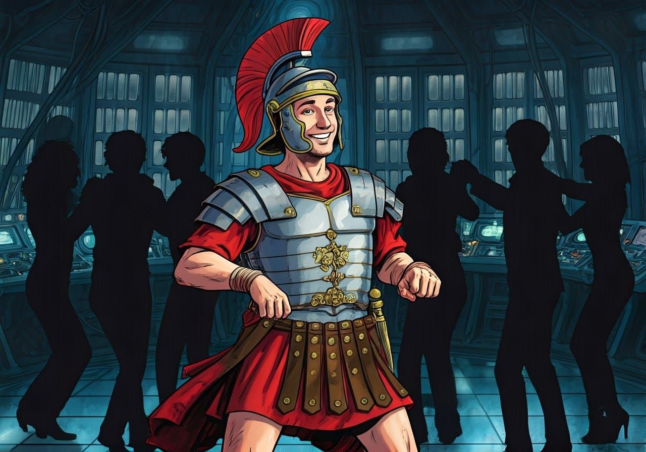 Smiling Roman Legionary Dances in Whimsical TARDIS Scene
