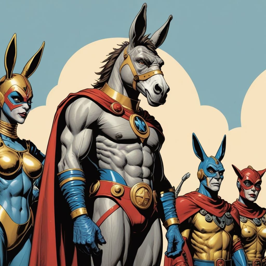 Anthropomorphic donkey supervillain in golden age comic book...