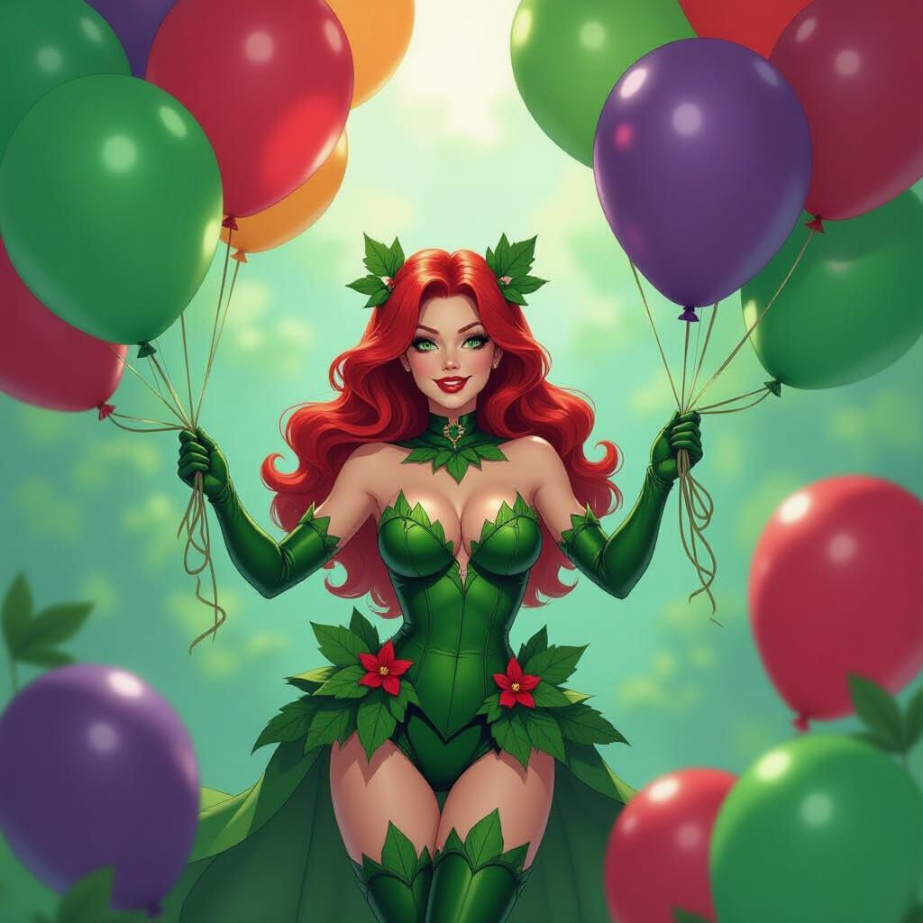 Poison Ivy Celebrates with Balloons in Whimsical Style