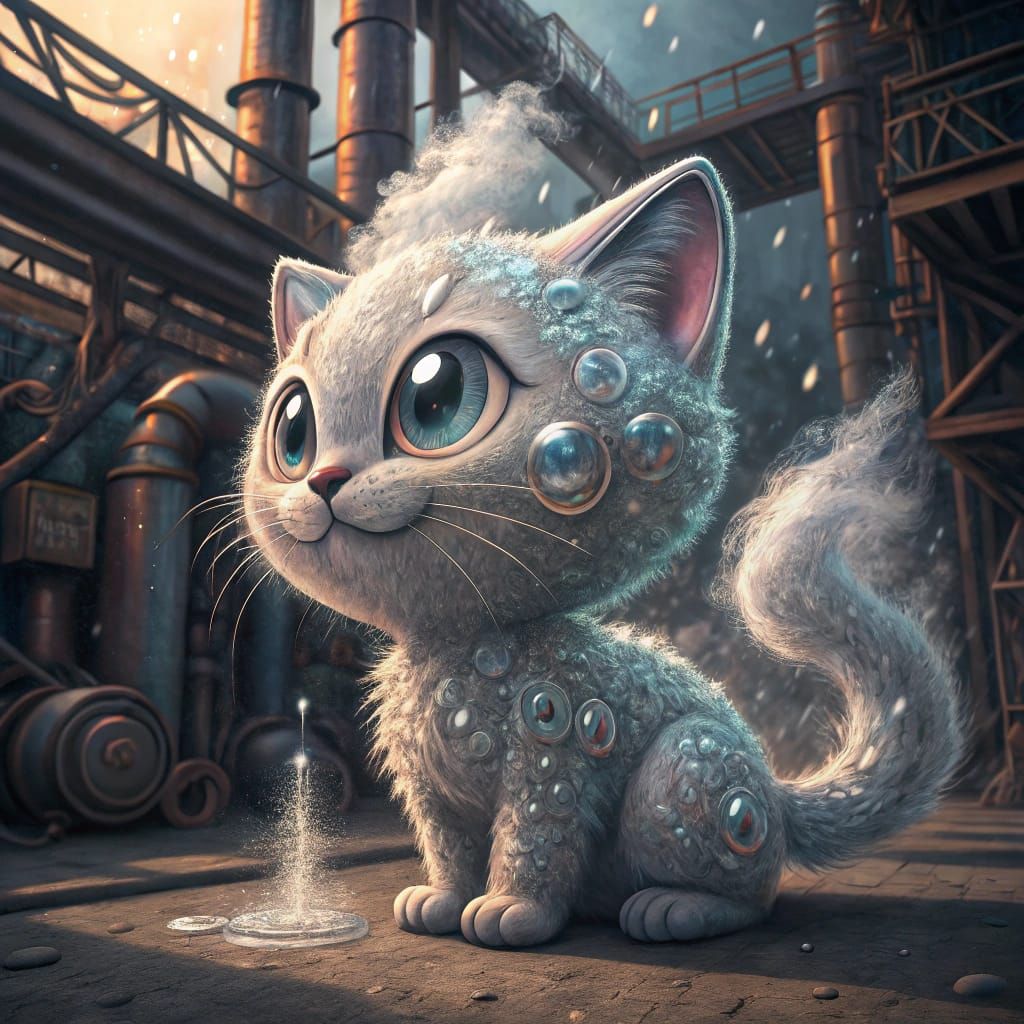 Whimsical Chibi Cat Radiates Joy Amidst Industrial Powerplan...