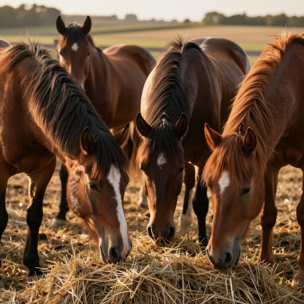 Photorealistic Brown Horses Eating Hay at Farm
