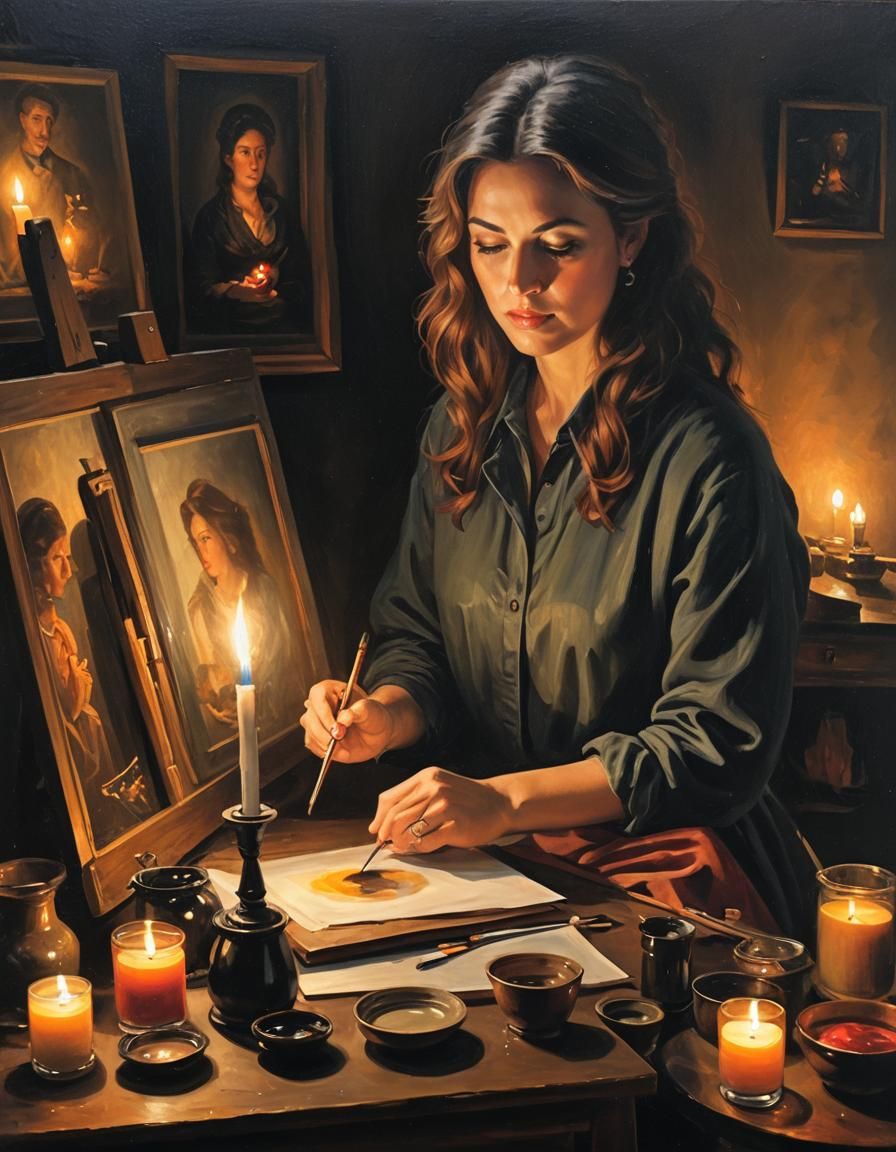 Artist Painting by Candlelight Oil Portrait