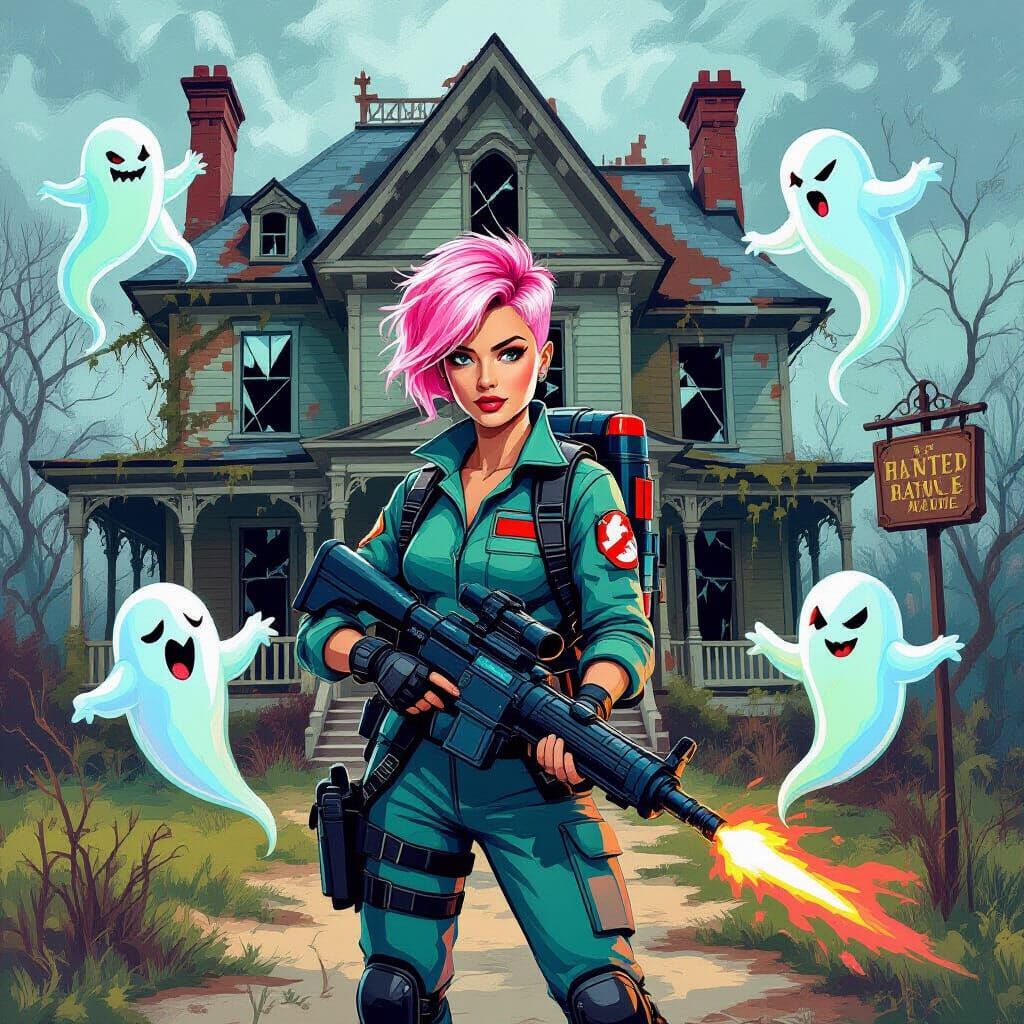 Ghostbuster with Pink Hair in Impressionist Style