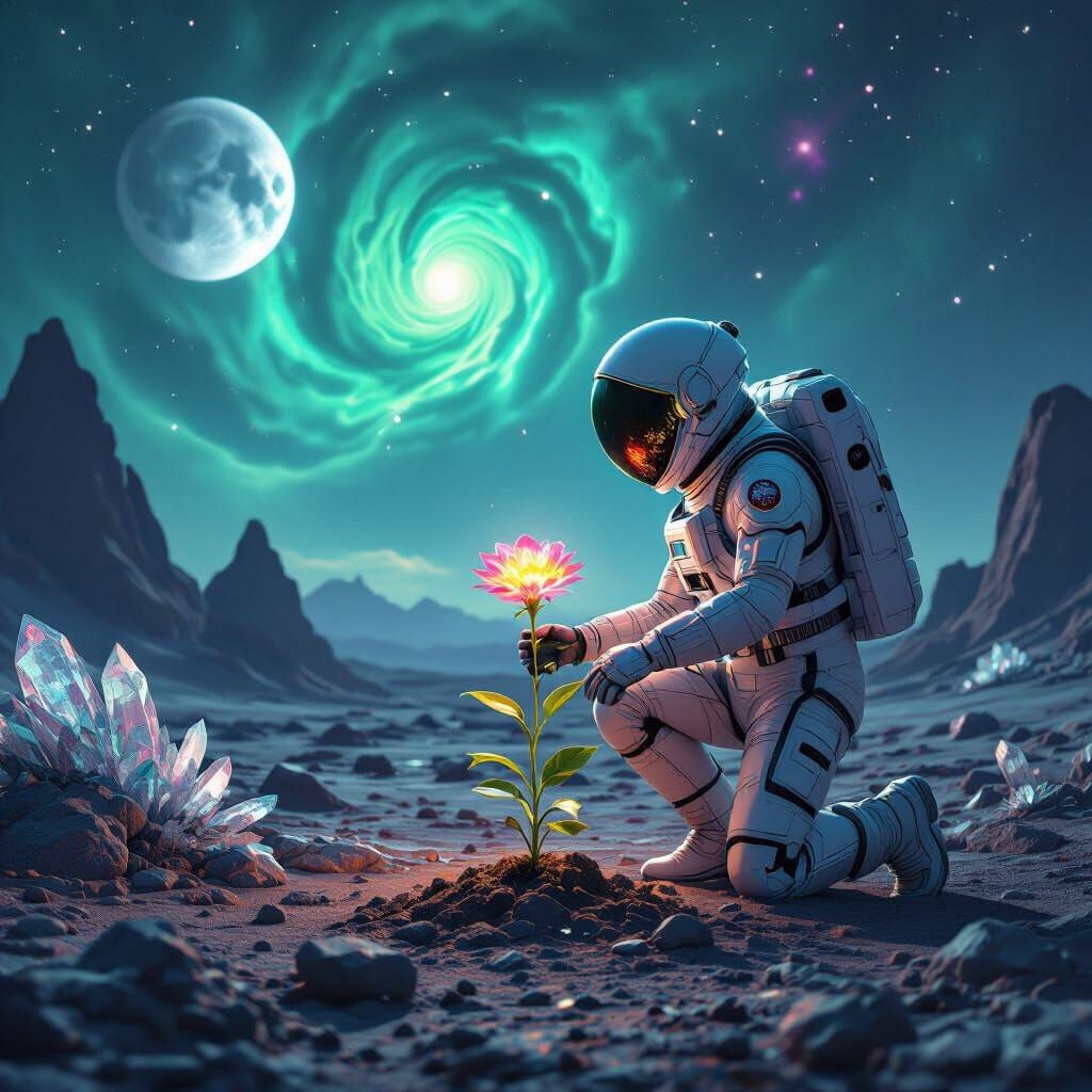 Astronaut Planting Bioluminescent Flower on Alien Planet