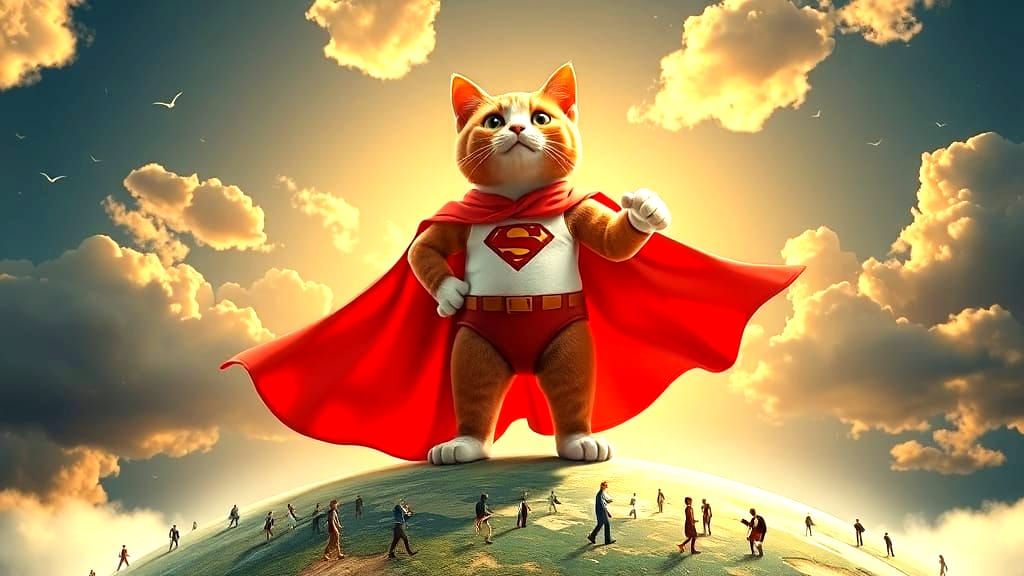 Giant Superhero Cat Dominates Earth in 3D Art