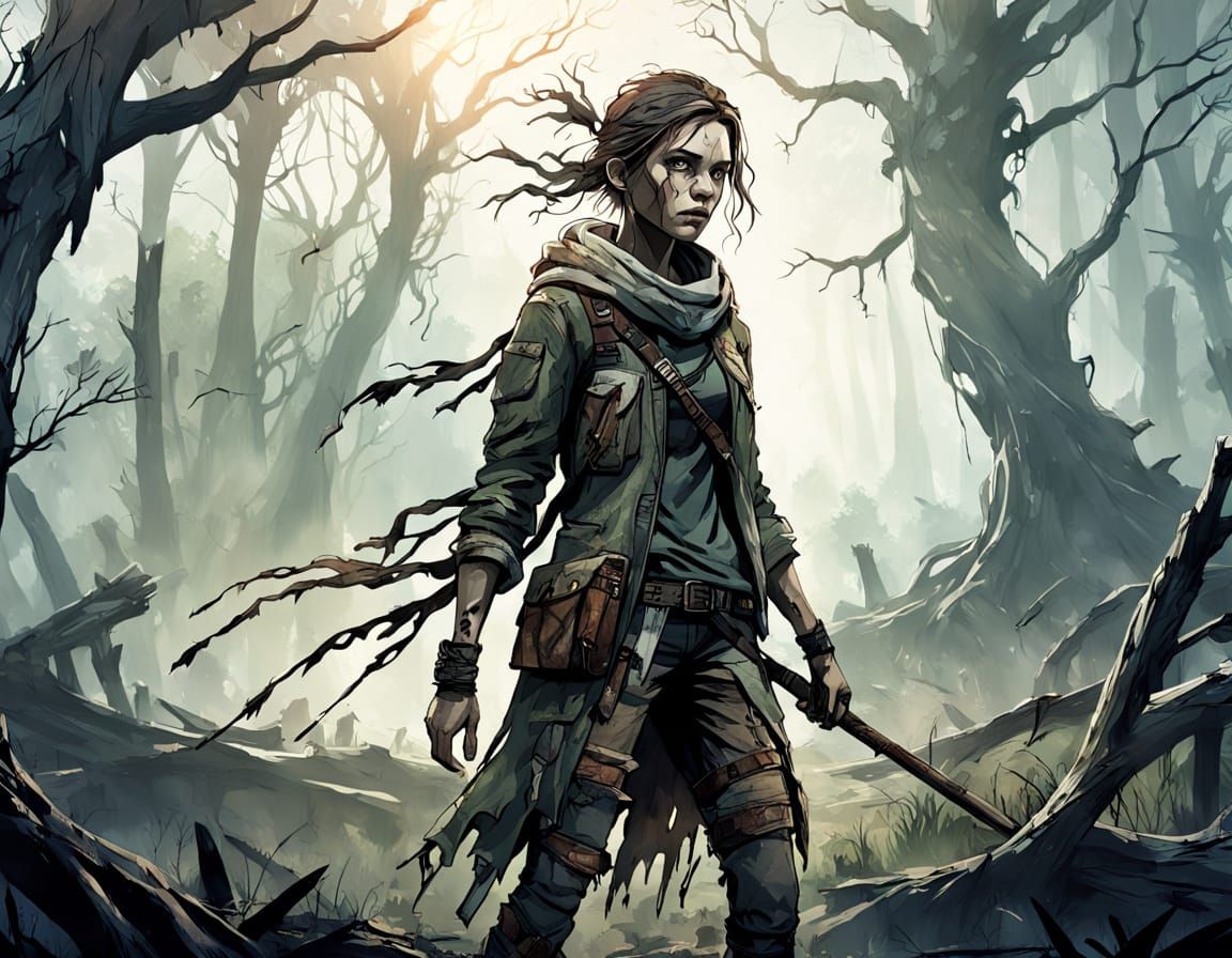 Survivor Woman in Overgrown Post-Apocalyptic Forest