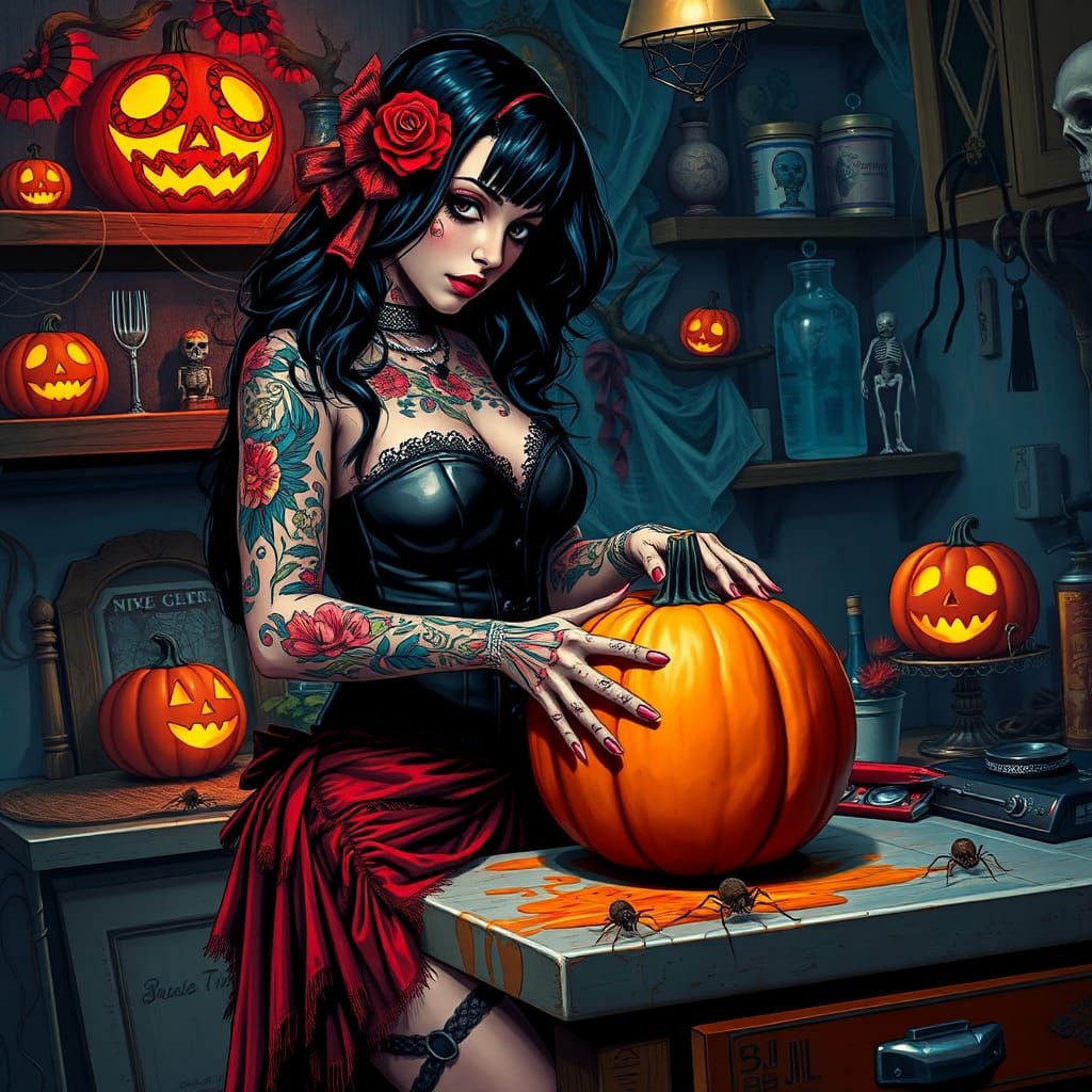 Goth Pin-Up Carves Pumpkin in Graffiti Art Style