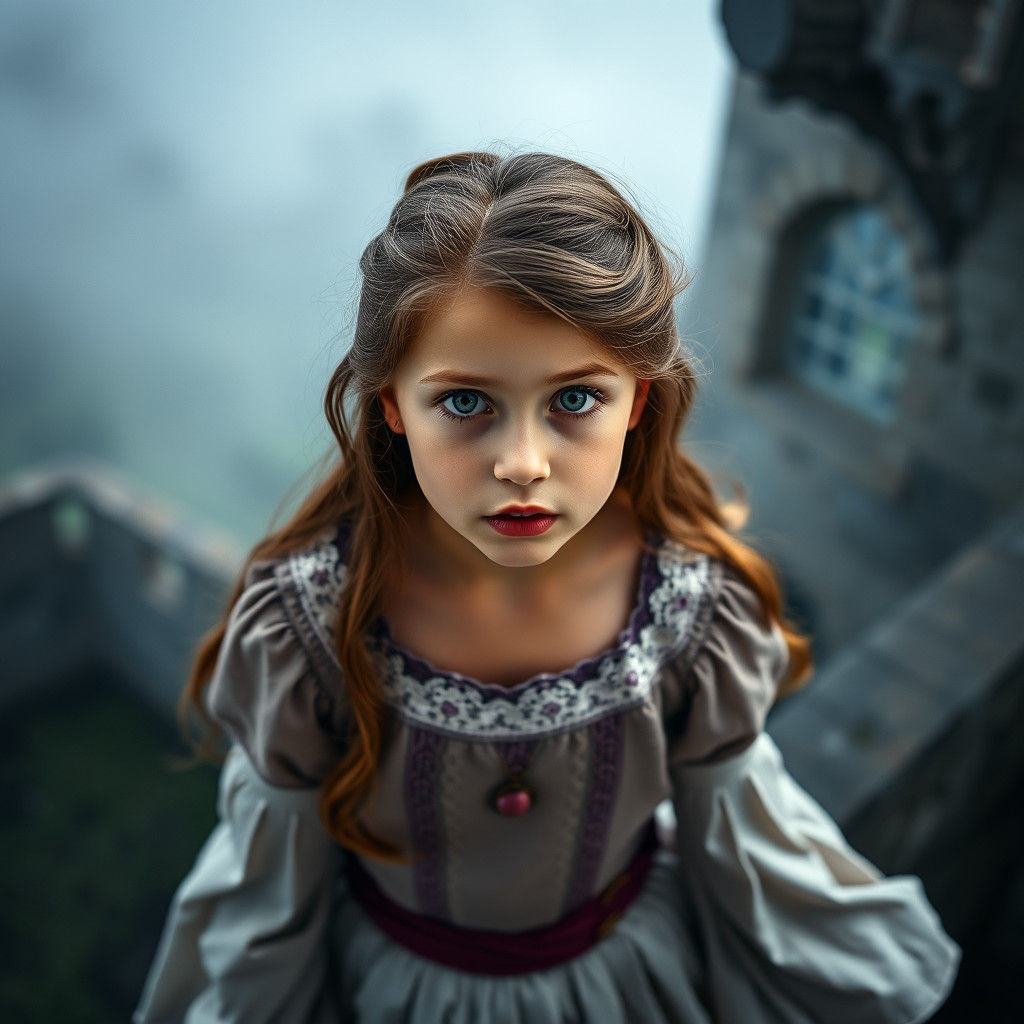 Startled Princess Portrait with Misty Castle Balcony