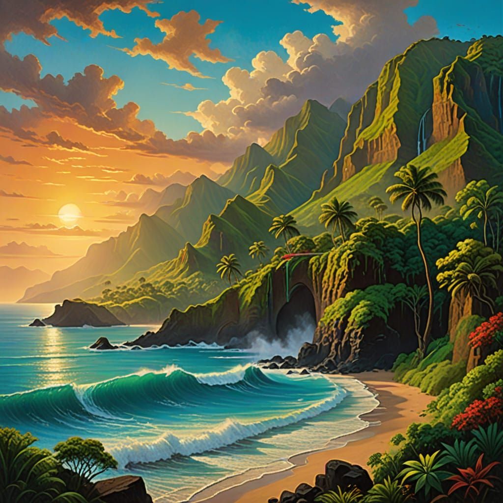 Romantic Tropical Coastline in Vibrant Colors