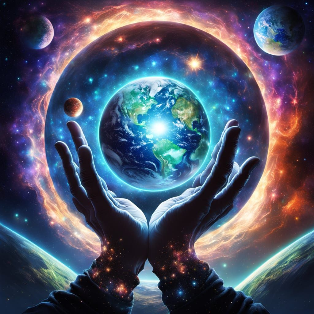 Man Holds Earth in Hands: Vibrant Fantasy Digital Art