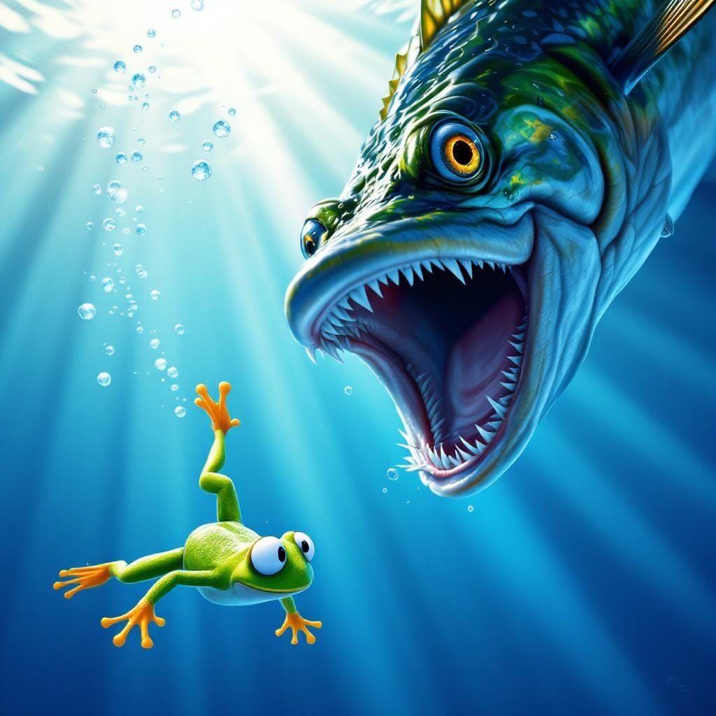 Startled Frog's Underwater Encounter in Pixar Style