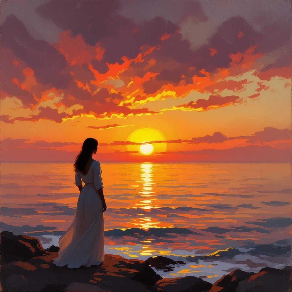 Woman Watching Fiery Sunset in Impressionist Style