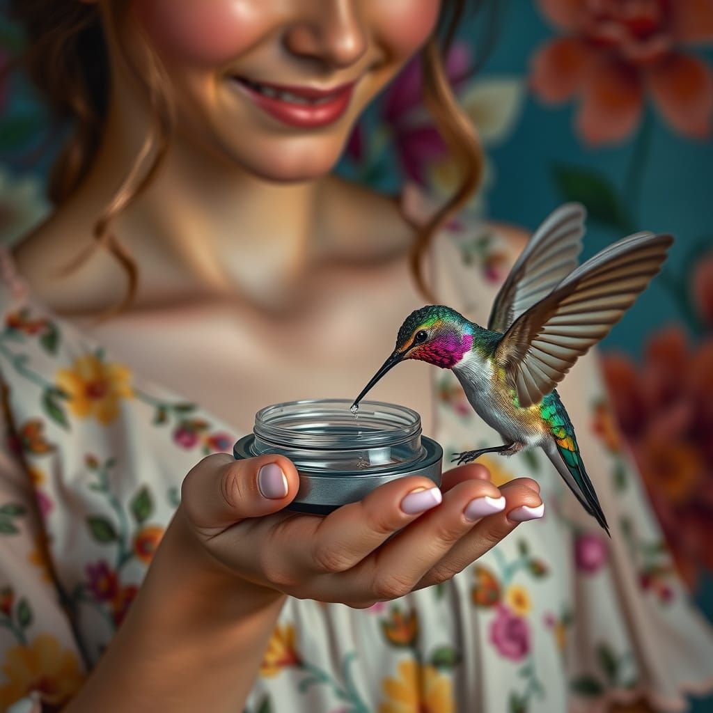 Woman Feeds Hummingbird: Hyperrealistic Detailed Art