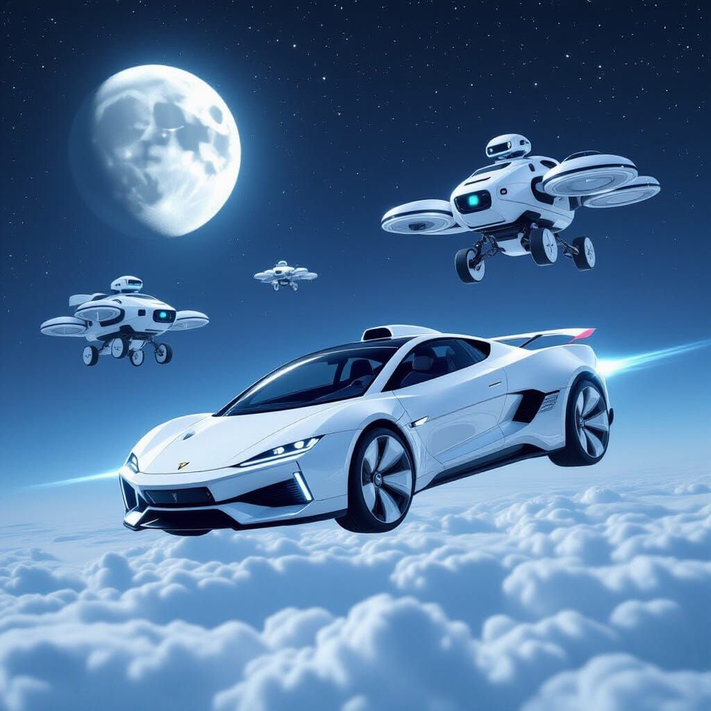 Futuristic Flying Cars Among Stars and Moon