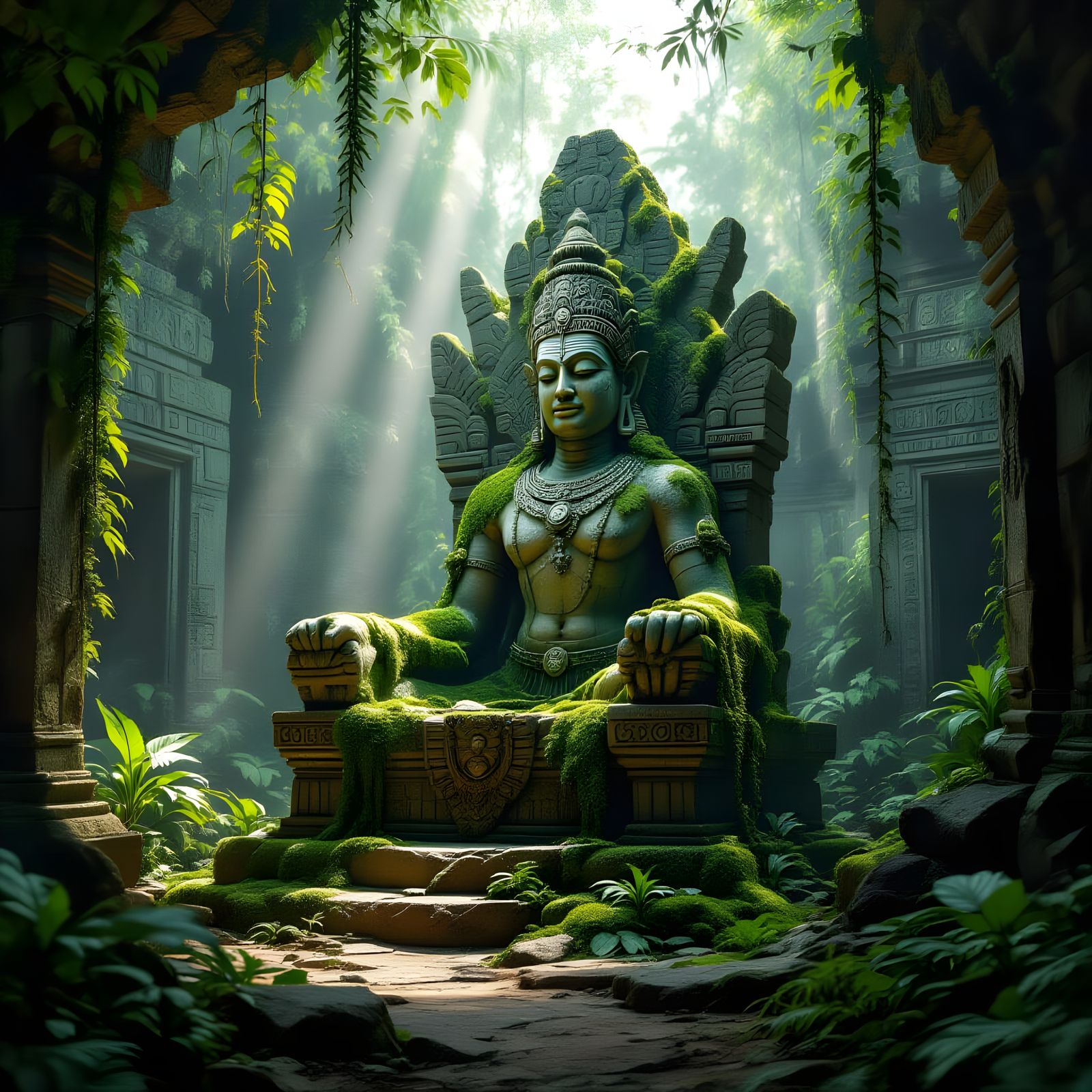 Ancient Jungle Throne: Moss-Covered Stone Seat in Temple