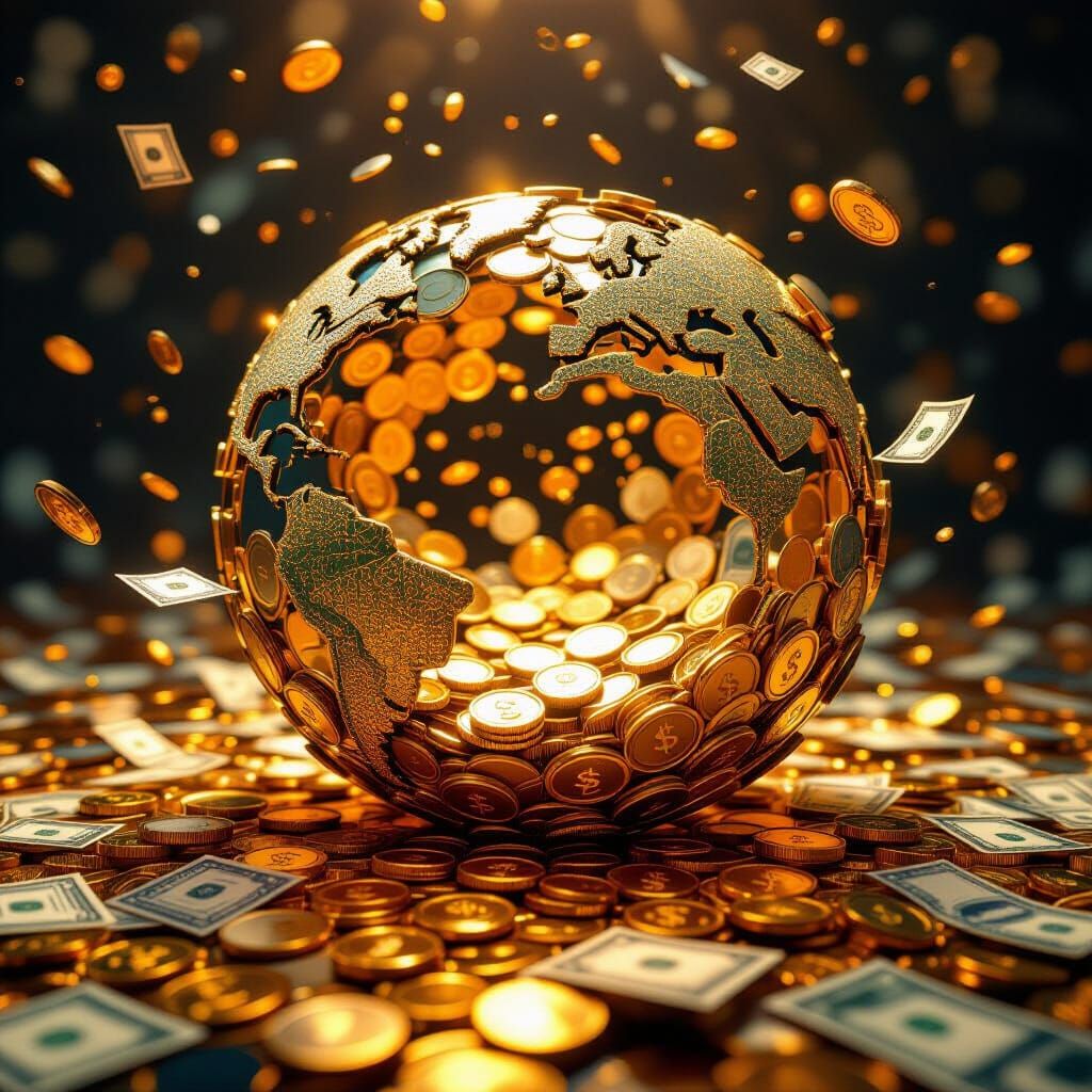 Golden Coin Globe Vortex in Detailed Digital Art Style