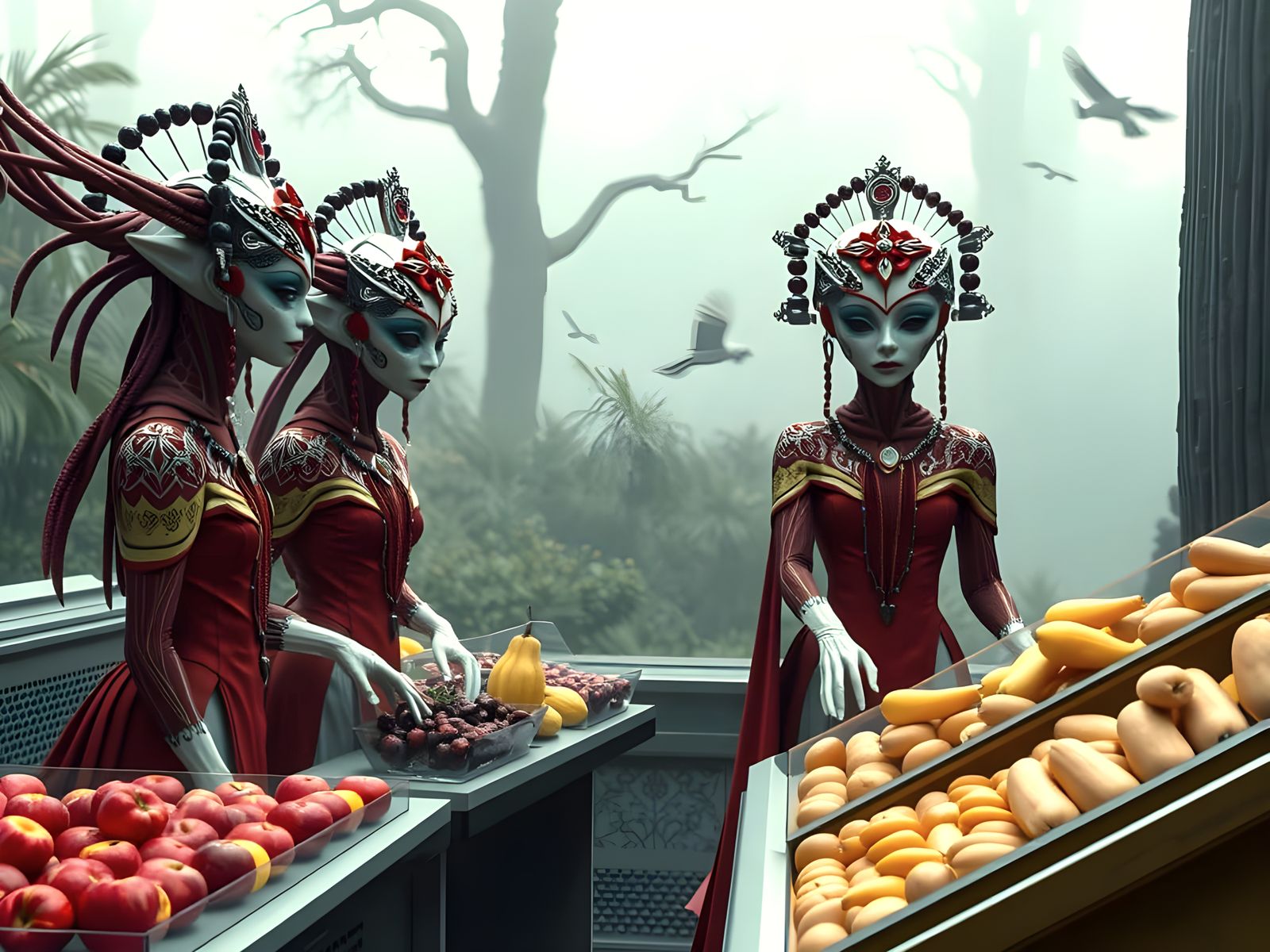 Ethereal Alien Market in Foggy Forest