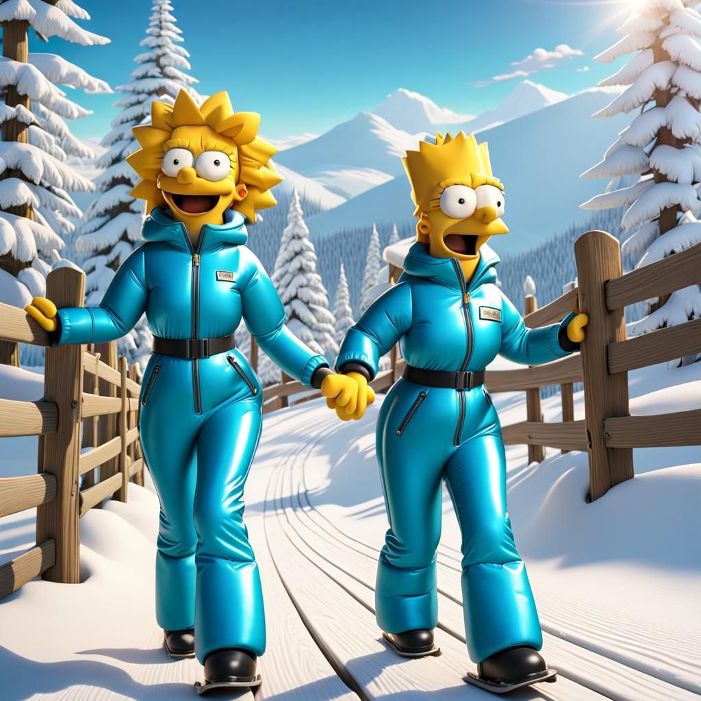 Homer and Lisa Simpson Skiing in Pixar Style