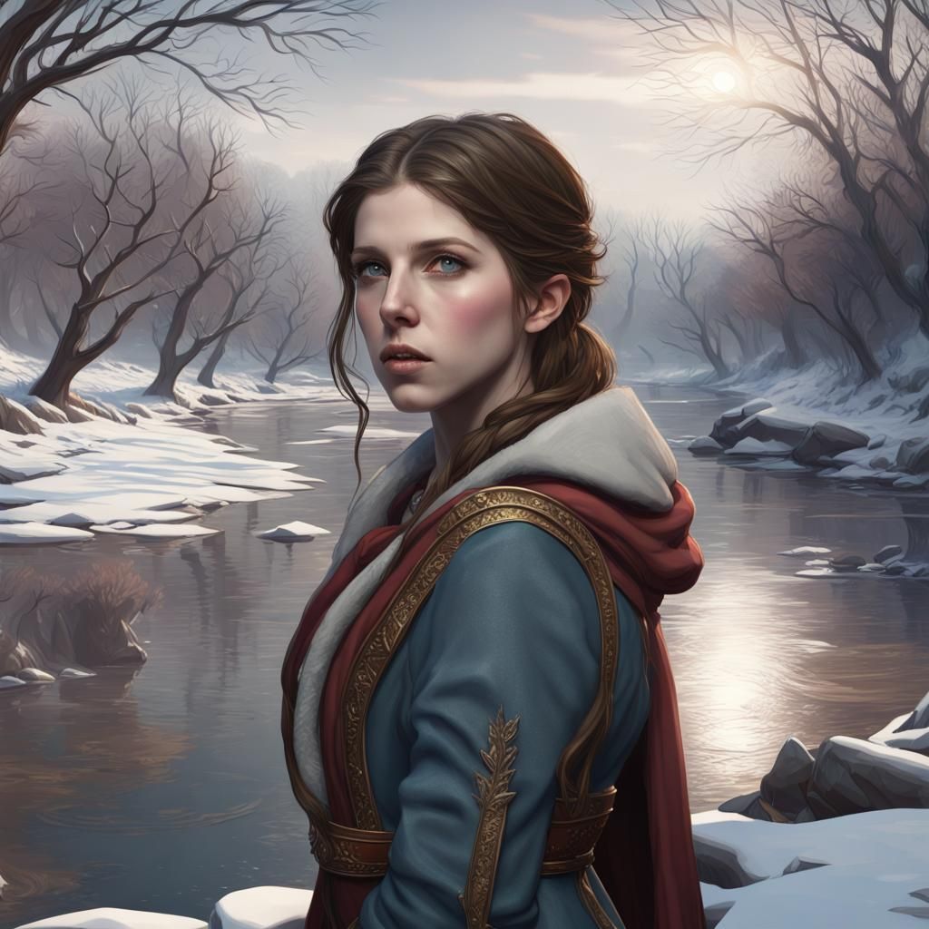 Anna Kendrick in Winter Landscape, Art Nouveau Style