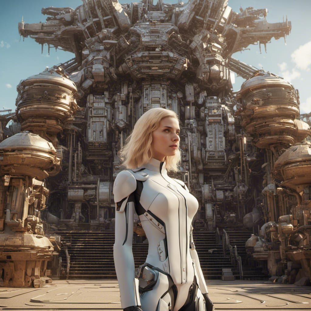 Blonde Scientist at Machine Temple in Sci-Fi Style
