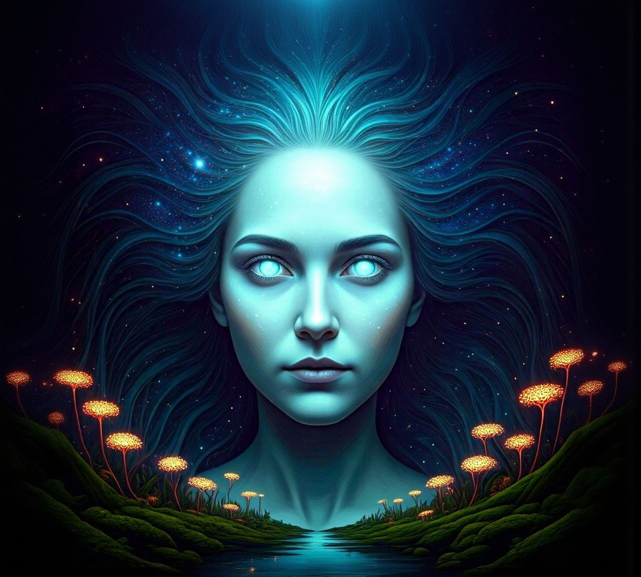 Ghostly Starlight Woman in Glowing Forest