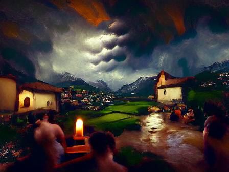 Swiss Village Storm, Renaissance Style Digital Art