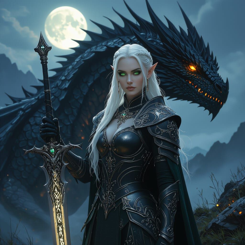 Elven Warrior and Dragon on Misty Highland Plateau