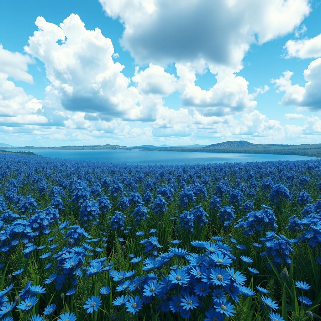 Blue Flowers Bloom by Lake: 3D Game Cinematic