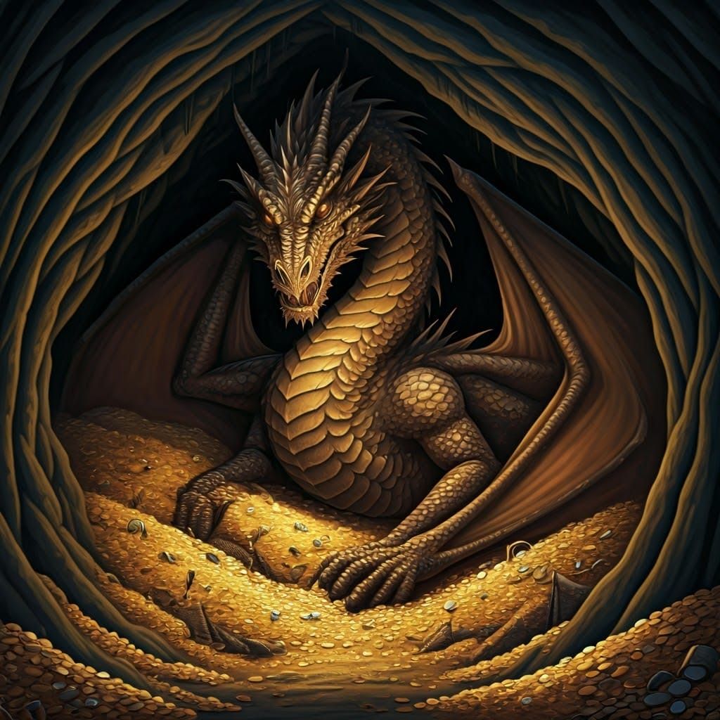 Majestic Dragon Beneath Ancient Hill, Treasure Hoard Glintin...