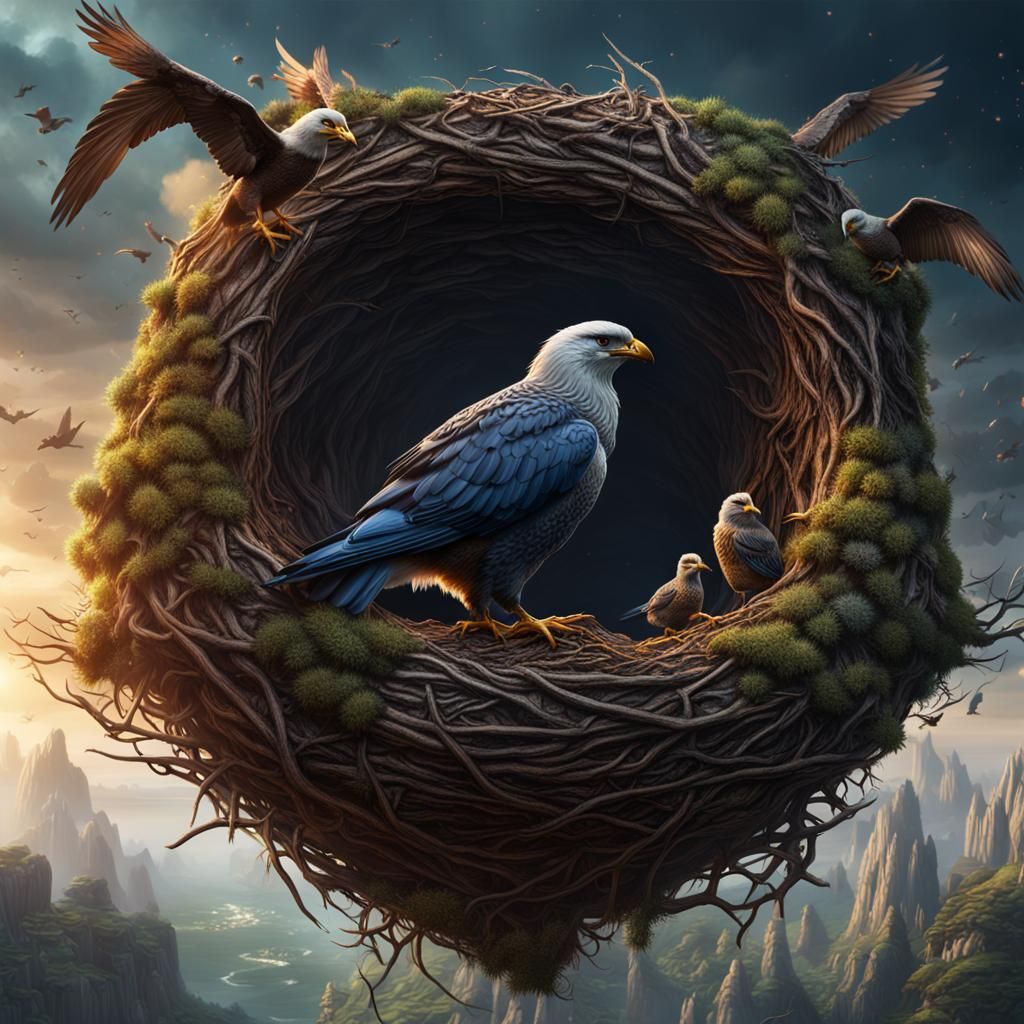 Eagle Family in Nest: Detailed Matte Painting
