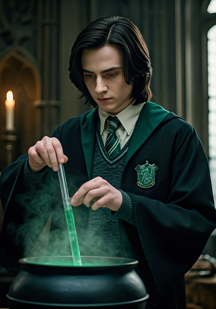 Slytherin Student Brewing Potion, Cinematic Style