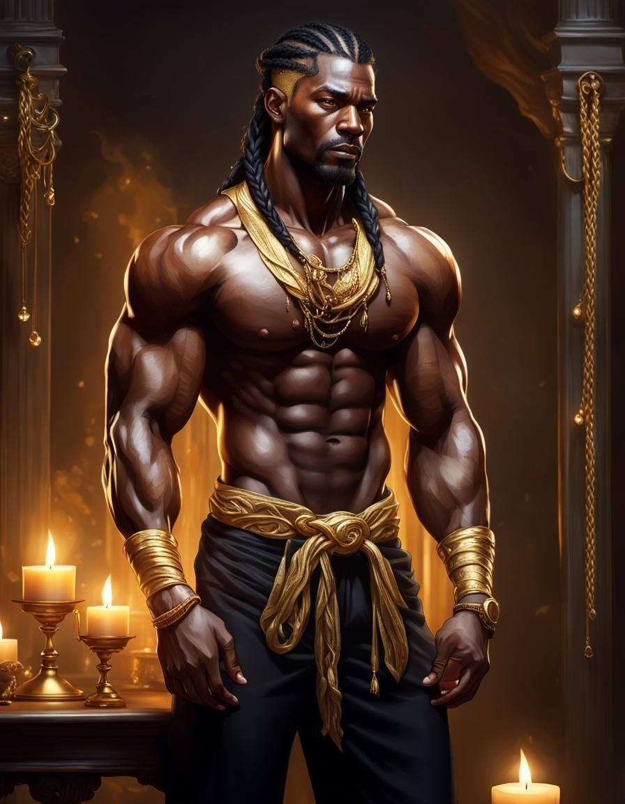 Muscular Man in Gold Jewelry, Hyperdetailed Portrait