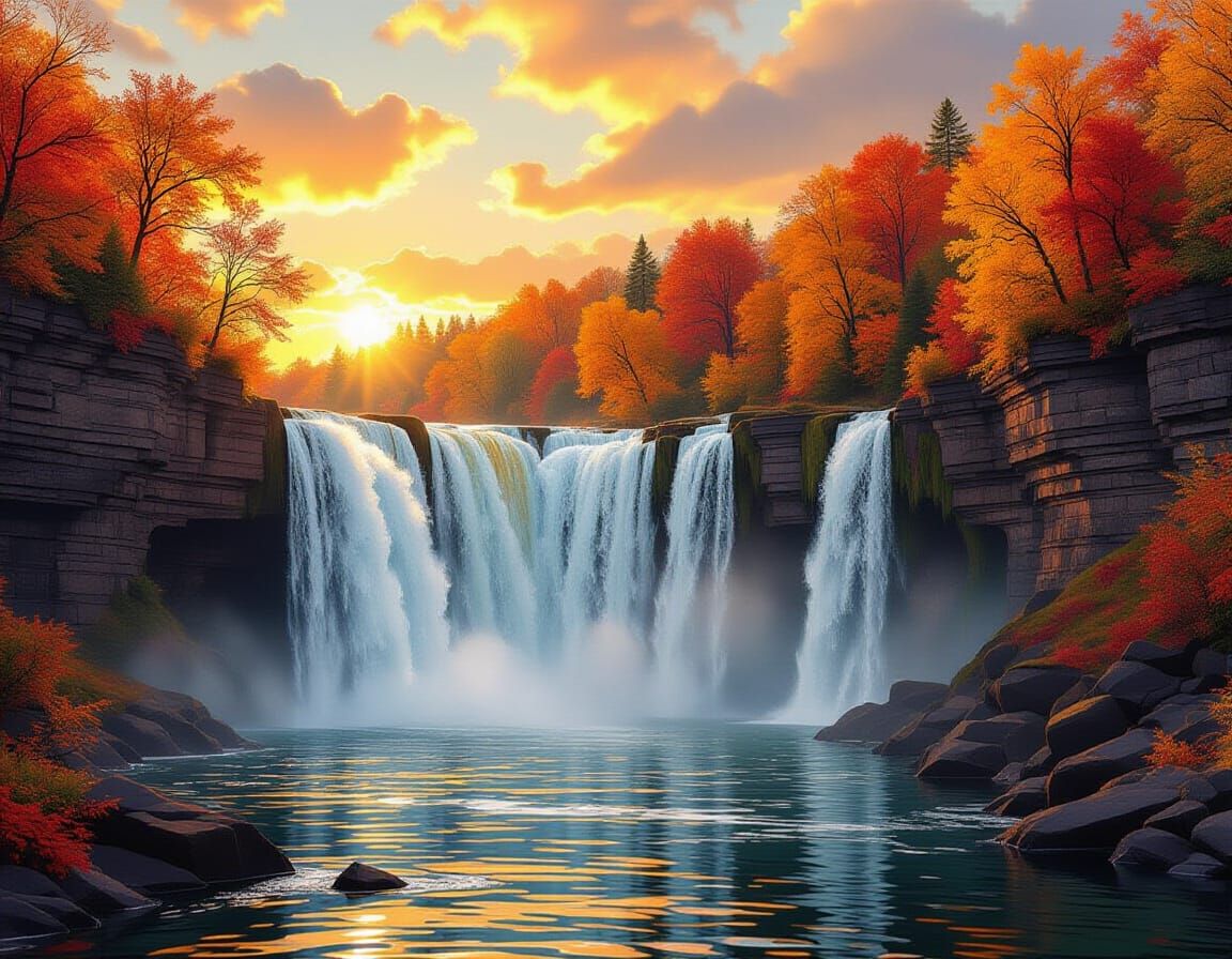 Majestic Autumn Waterfall in Golden Light