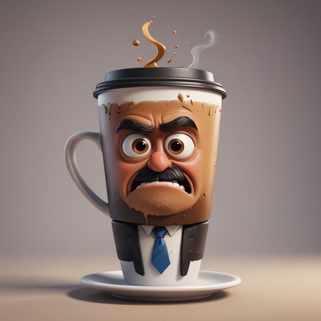 Grumpy Coffee Cup in Suit as 3D Digital Art